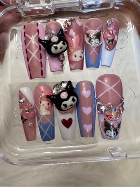 Cute Kawaii Pink Blue Press-On Nail Set with Rhinestones